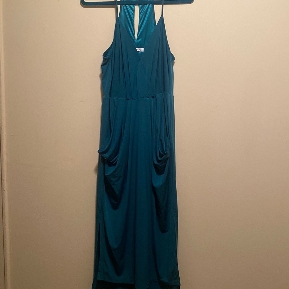 BCBGeneration draped side slit teal midi dress in size medium
